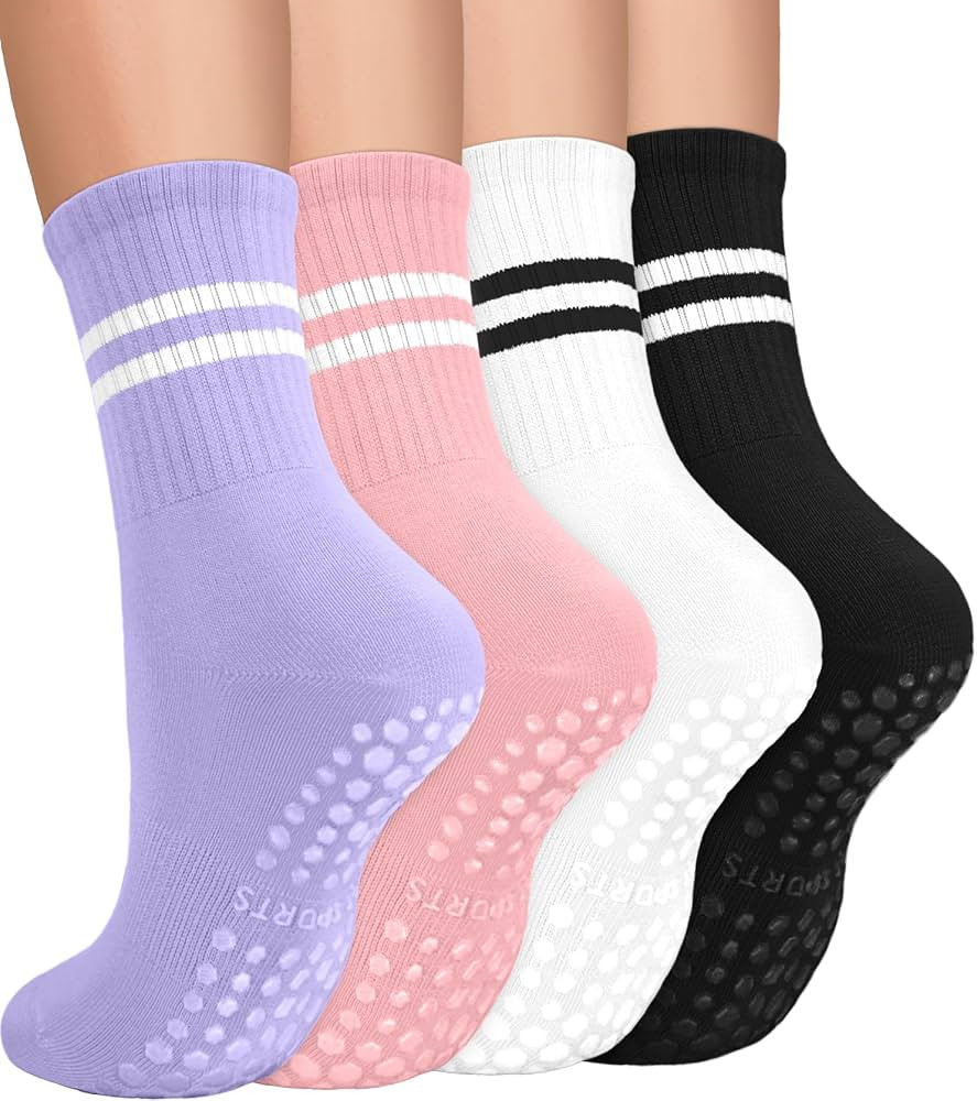 yeuG 4 Pairs Non Slip Pilates Socks with Grips for Women, Grip Socks for Yoga Barre Grippy Crew S... | Amazon (US)