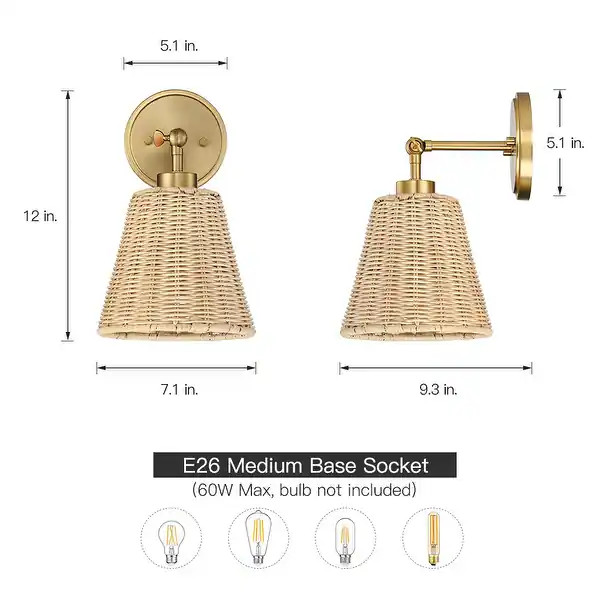1-Light Brass Boho Natural Rattan Hardwired Wall Sconce with Adjustable Swivel Swing Arm - 7.1 in... | Bed Bath & Beyond