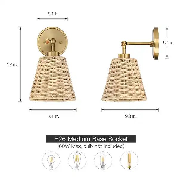 1-Light Brass Boho Natural Rattan Hardwired Wall Sconce with Adjustable Swivel Swing Arm - 7.1 in... | Bed Bath & Beyond
