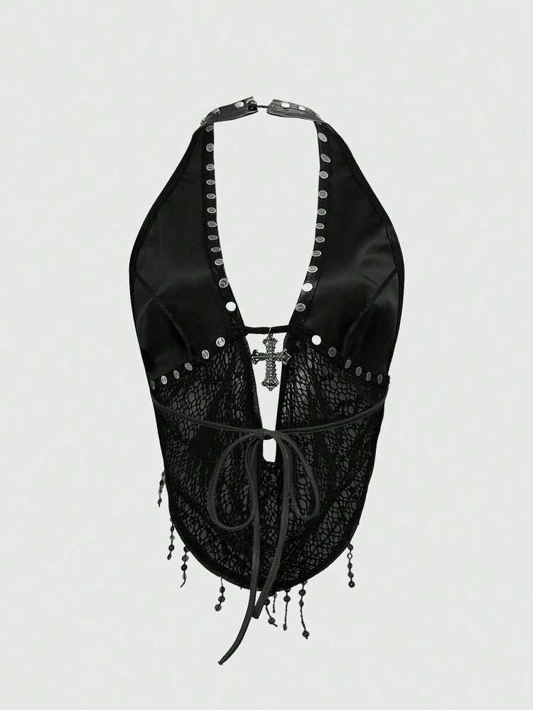 Black Grunge sparkle leather top | SHEIN