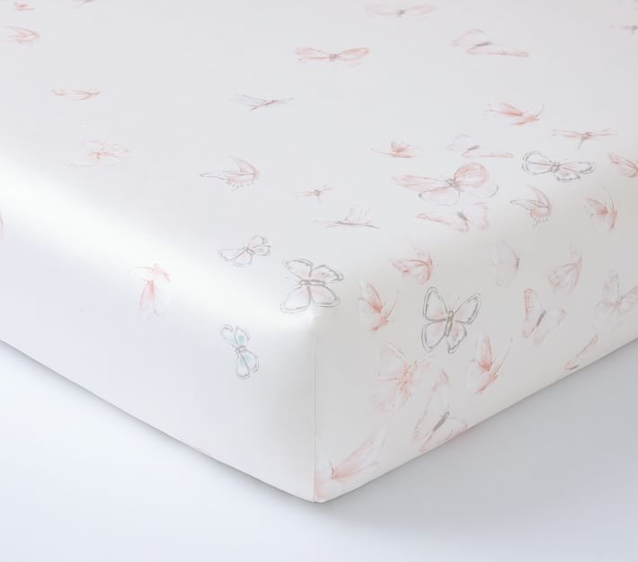 Monique Lhuillier Sateen Ethereal Butterfly Fitted Crib Sheet, Blush Pink | Pottery Barn Kids