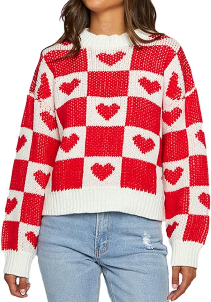 Muineobuka Women Heart Pullovers Sweater Long Sleeve Crewneck Love Heart Valentine Graphic Sweate... | Amazon (US)