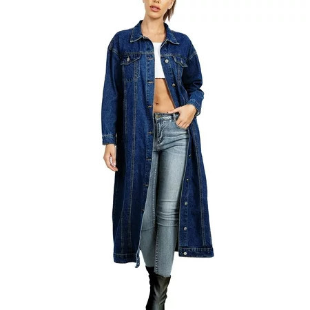 WSPLYSPJY Women Long Denim Jacket Jean Jacket Trench Coat Dark Blue S | Walmart (US)