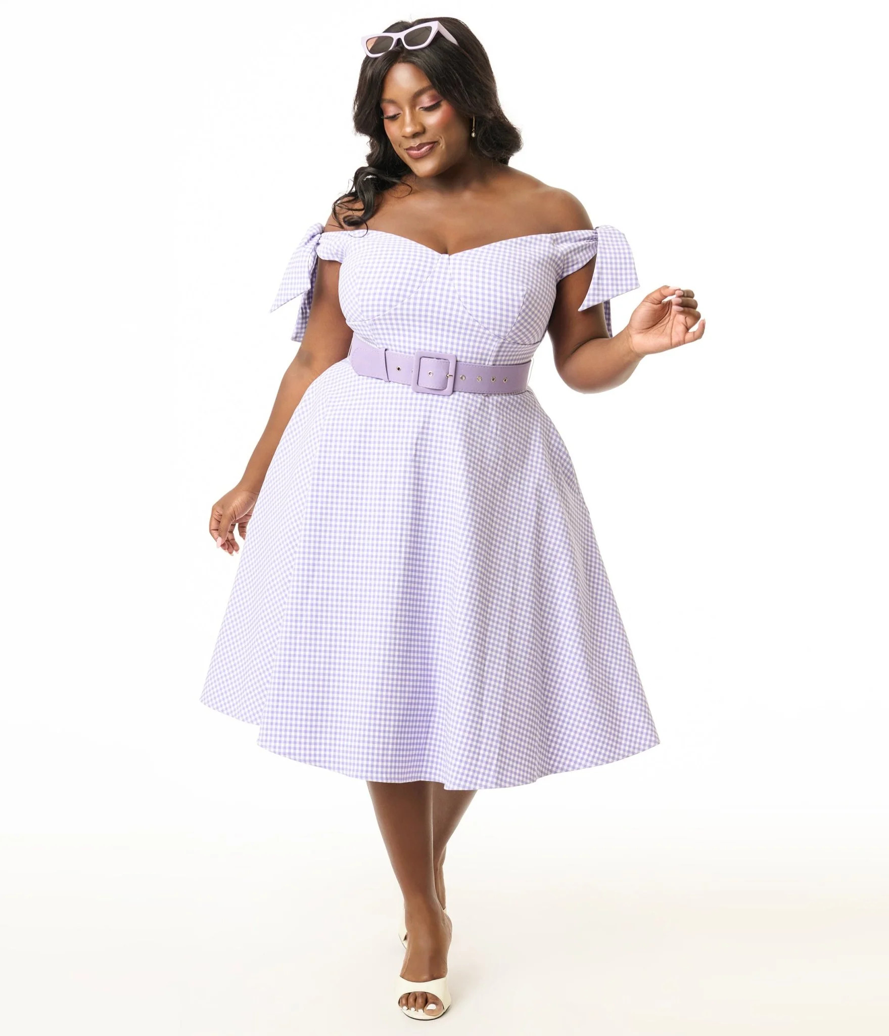 Unique Vintage Plus Size Lavender & White Gingham Off The Shoulder Swing Dress | UniqueVintage