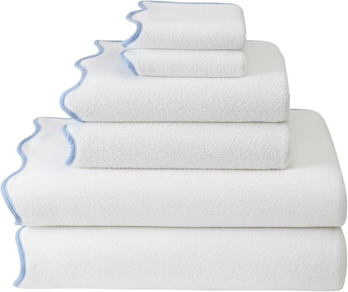 Lotus Linen Scallop Piping Towel Set of 6,100% Zero Twist Cotton, 2 Bath, 2 Hand Towels, 2 Washcl... | Amazon (US)