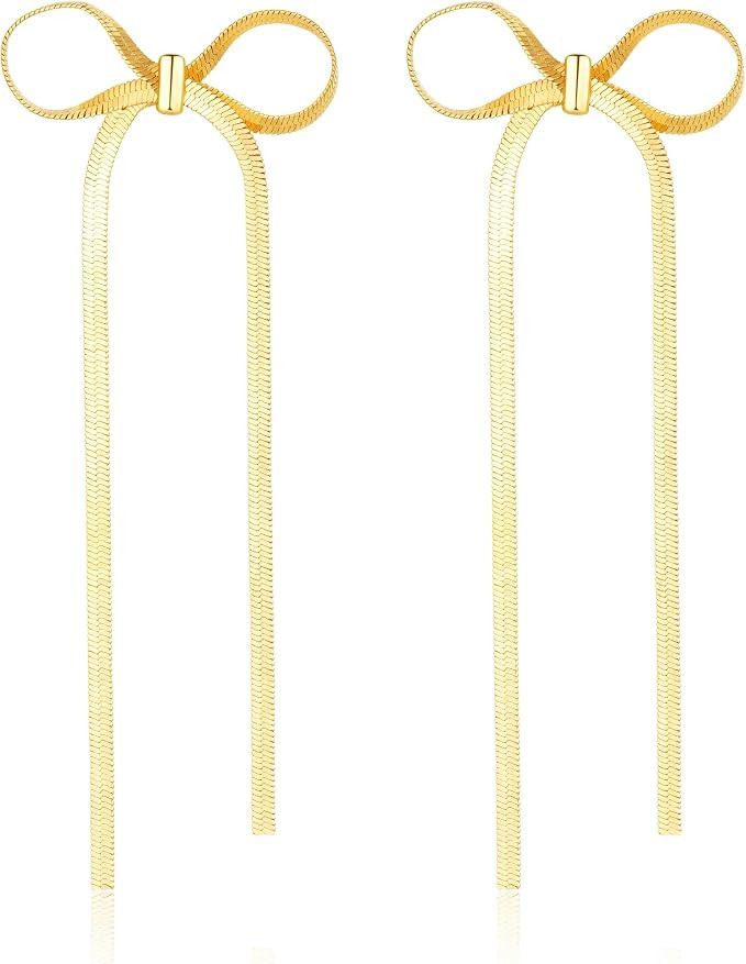 Gold Bow Earrings for Women Girls,Fashionable and Elegant Women's Long Tassel Chain Earrings,Bow ... | Amazon (UK)