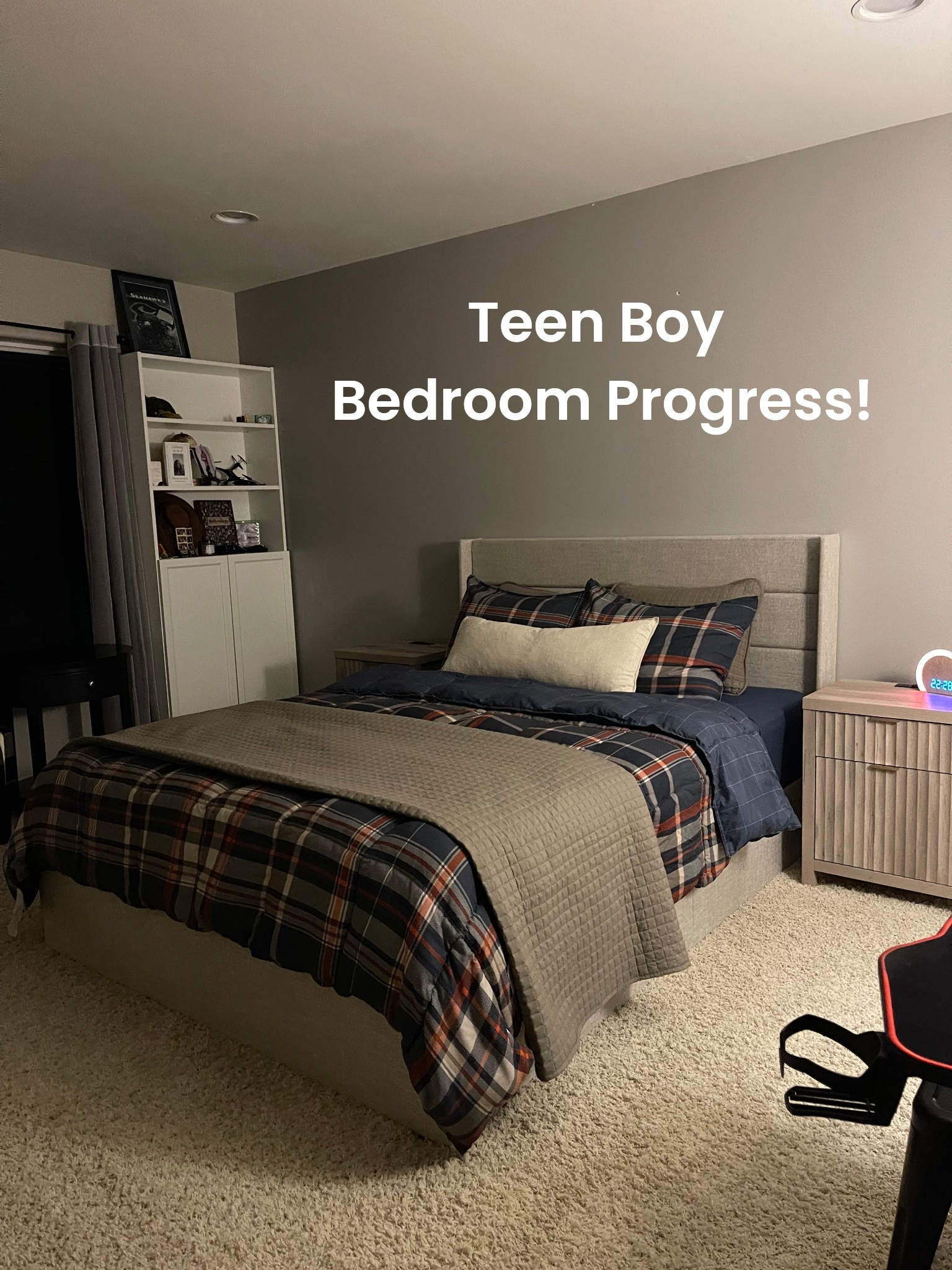 Progress on our teen son’s bedroom makeover “refresh”. His bed has hydraulic springs to lift for under bed storage, but has clean lines at the base to keep items from getting pushed underneath and lost.🙌🏻 I also love that the nightstands have plugs integrated!

#LTKHome