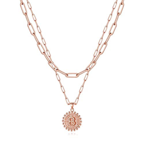 Yoosteel Layered Initial Necklaces for Women, 14K Rose Gold Plated Dainty Layering Paperclip Choker Necklace Personalized Round Initial B Pendant Necklaces for Women Jewelry | Amazon (US)