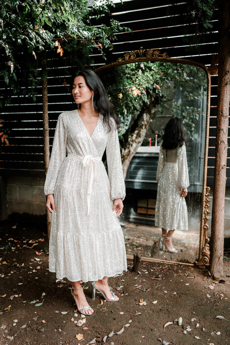 Midnights Sequin Midi Dress - Champagne Silver | Confête