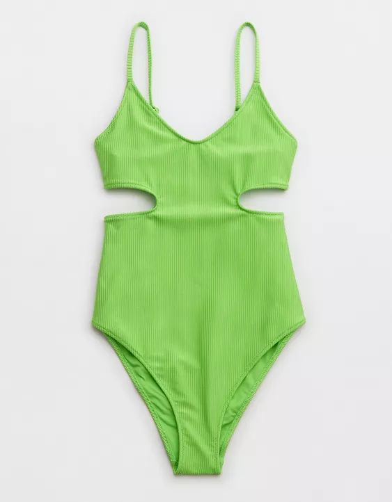 Aerie Shine Rib Voop Cut Out One Piece Swimsuit | Aerie