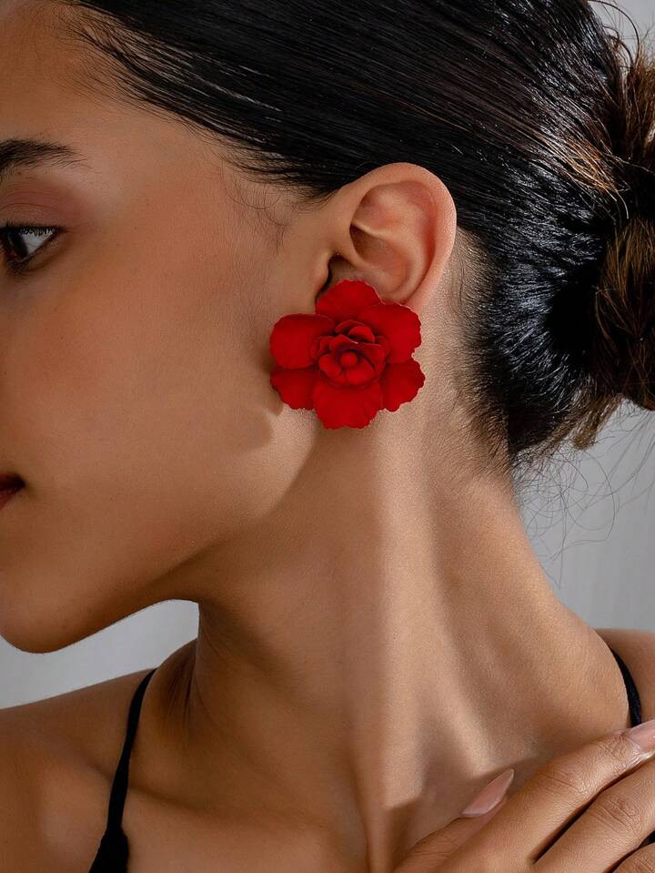 1 Pair Of Fashionable Three-Dimensional Retro Style Red Flower Earrings Suitable For Attending Ba... | SHEIN