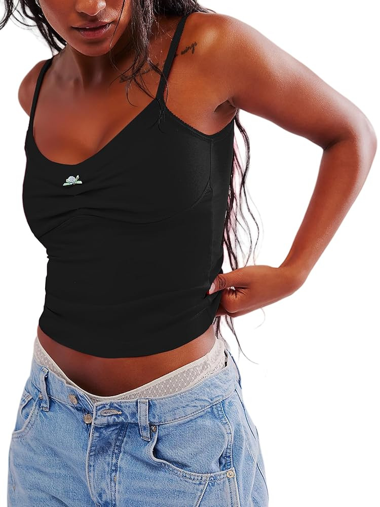 Danysu Women Padded Spring Tank Top Rose Square Neck Crop Tank Fitted Basic Cami Tops | Amazon (US)