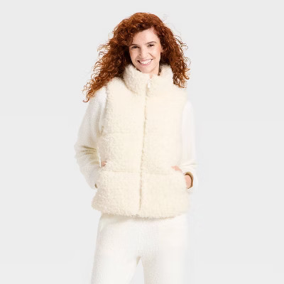 Women's Cozy Alpine Faux Shearling Puffer Vest - Universal Thread™ Cream L | Target