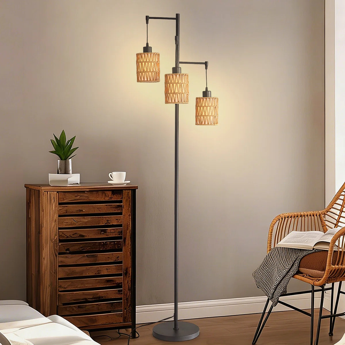 66" H Modern Black Floor Lamps With Rattan Shade, Foot Switch, Farmhouse/Boho Home Decor Lighting | Wayfair North America