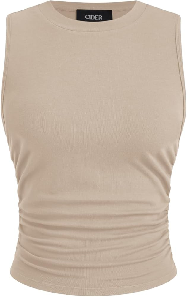 CIDER Womens Tank Tops Sleeveless High Neck Ruched Crop Tops Going Out Casual Basic Ribbed Shirt ... | Amazon (US)