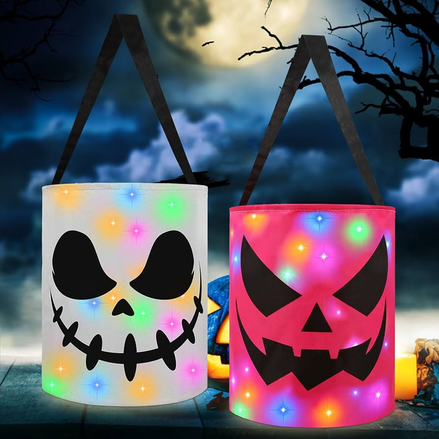 CCINEE 2Pcs Lighted Halloween Trick Or Treat Bucket, Halloween Ghost Boo Candy Bags for Kids LED ... | Amazon (US)