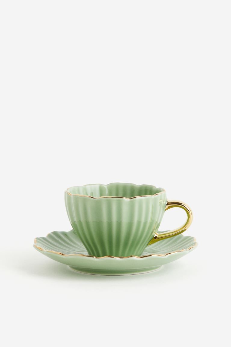 2-pack porcelain espresso cups with saucers - Light green/Gold-coloured - Home All | H&M GB | H&M (UK, MY, IN, SG, PH, TW, HK)