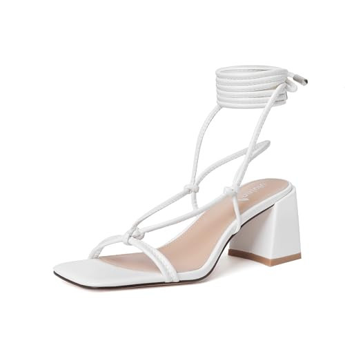 vivianly Women's Lace Up Chunky Heel Sandals Strappy Straps Ankle Wrap Heels White Size 9.5 | Amazon (US)