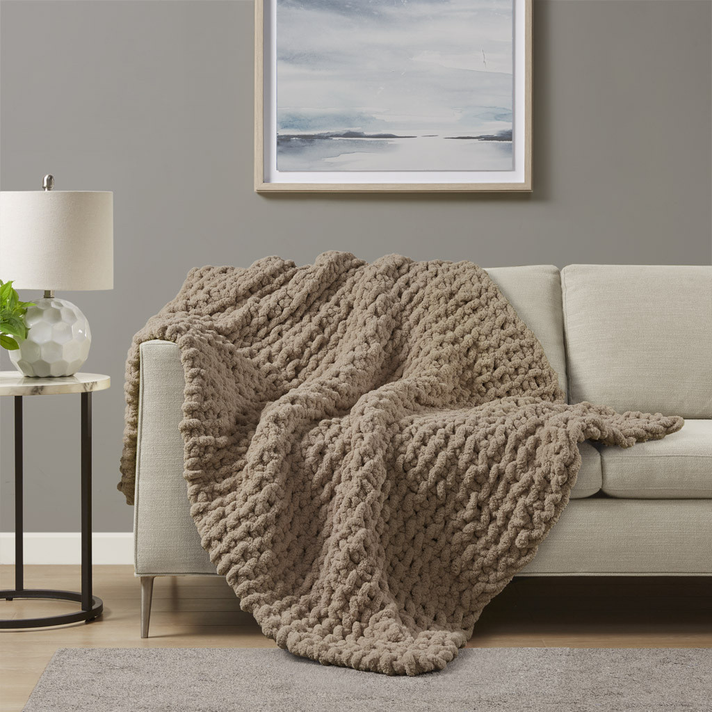 Chenille Chunky Knit Throw In Brown | 1stopbedrooms