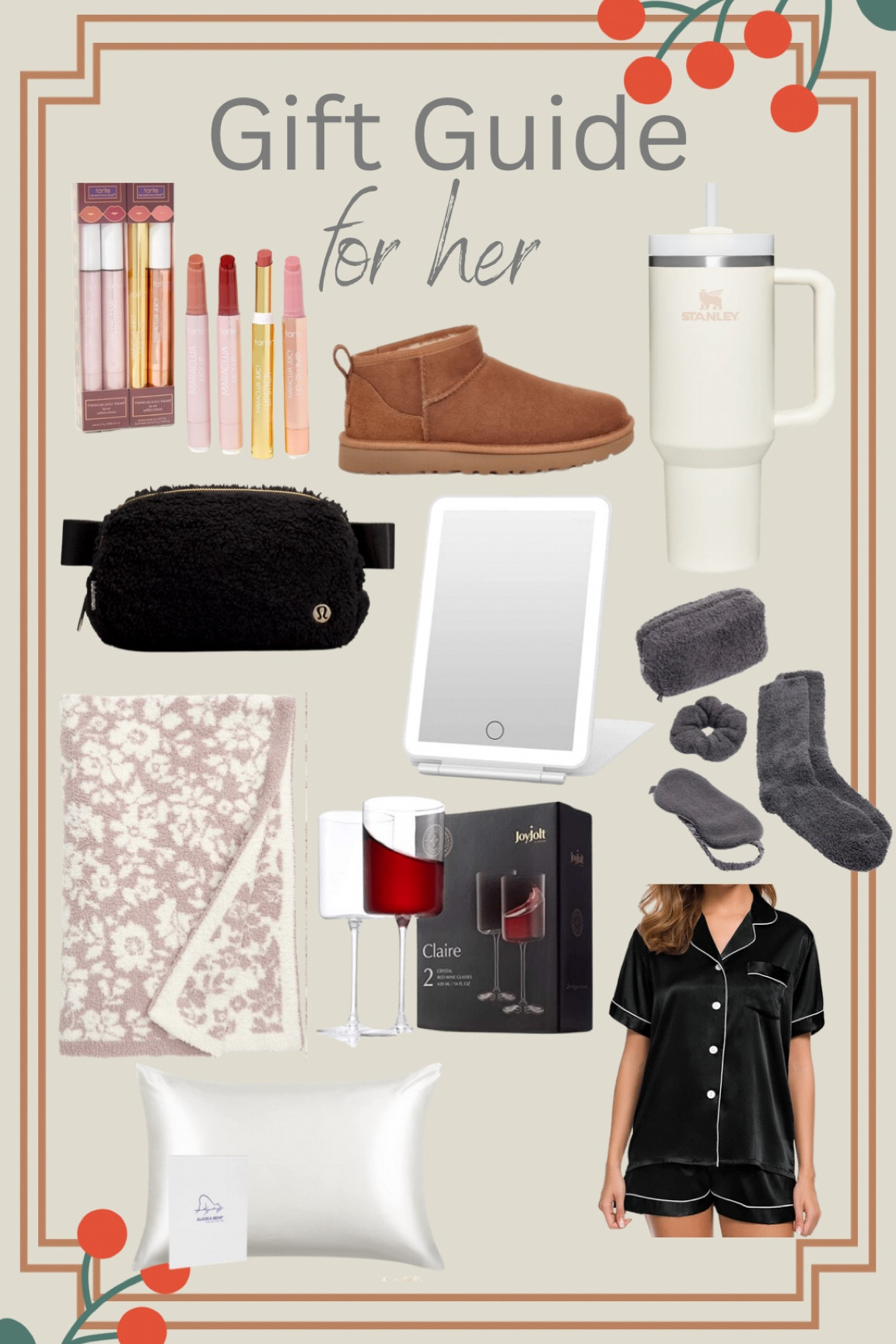 Womens 2022 Christmas gift guide!
Juicy lips
Mini UGGs
Stanley cup
Lululemon Sherpa belt bag
Light up travel mirror
Cozy socks, sleep mask, hair tie
Barefoot Dreams blanket
Wine glasses
Silk pillowcase
Silk pjs 

#LTKHoliday #LTKSeasonal #LTKCyberweek