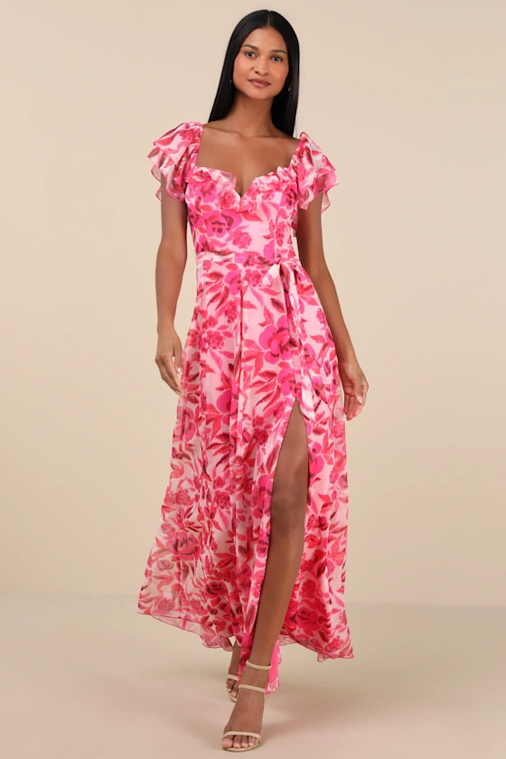 Sensationally Sweeter Bright Pink Floral Ruffled Maxi Dress | Lulus