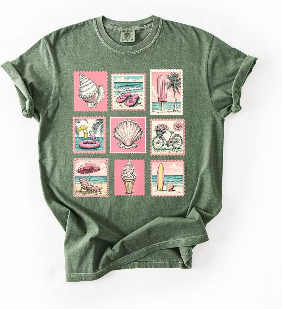 Garment Dyed Beach Shirt Vintage Summer Graphic Tee Coastal Aesthetic Seashell Flip Flop Ice Crea... | Amazon (US)