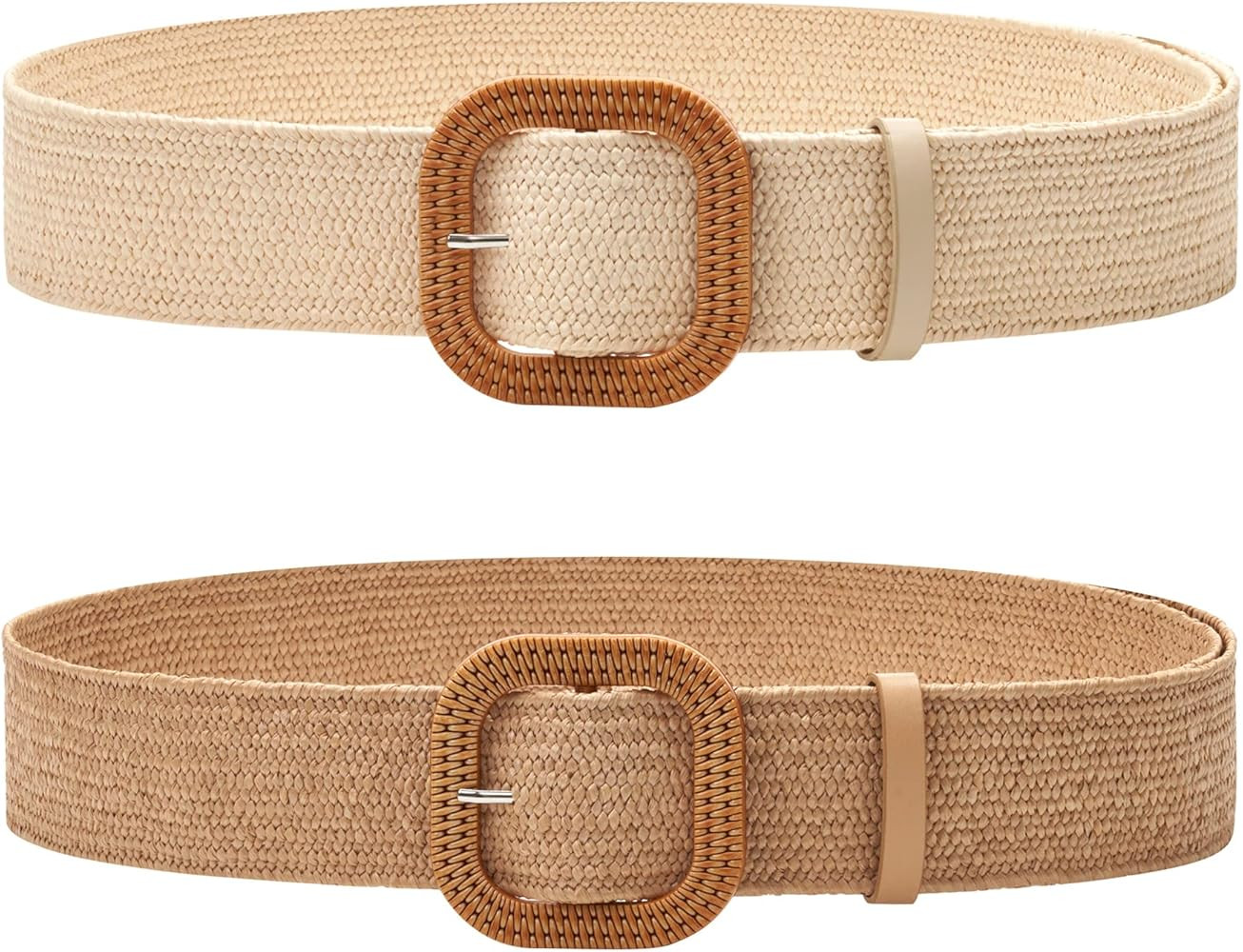 Women Straw Woven Elastic Stretch Waist Belt Skinny Boho Ladies Braided Dress Belt With Wood Buck... | Amazon (US)