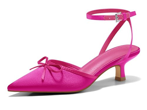 Coutgo Satin Kitten Low Heels with Bow Closed Pointed Toe Short Pumps Dress Wedding Party Shoes, Hot Pink, Size 9.5 | Amazon (US)