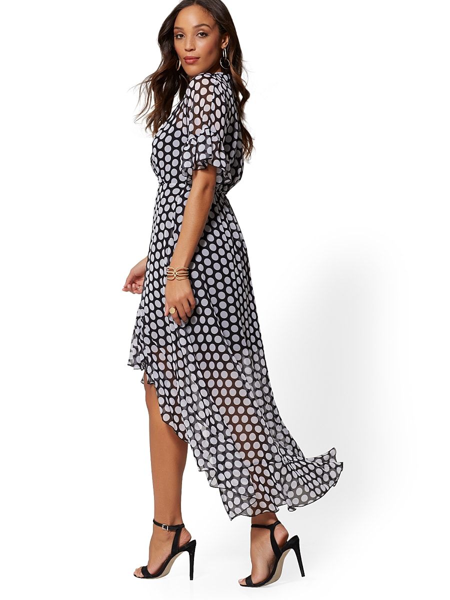 NY & Co Women's Black & White Dot Hi-Lo Wrap Dress Size X-Small Polyester | New York & Company