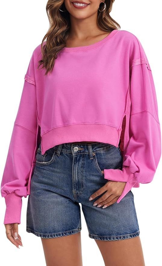 Sweatshirt for Women Fall Outfits Crewneck Long Sleeve Pullover Crop Tops Oversized Side Slit Win... | Amazon (US)