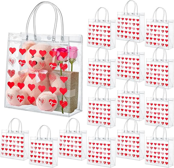 Uiifan 24 Valentines Day Clear PVC Gift Bags Valentines Transparent Hearts Bags Heart Sayings Gif... | Amazon (US)