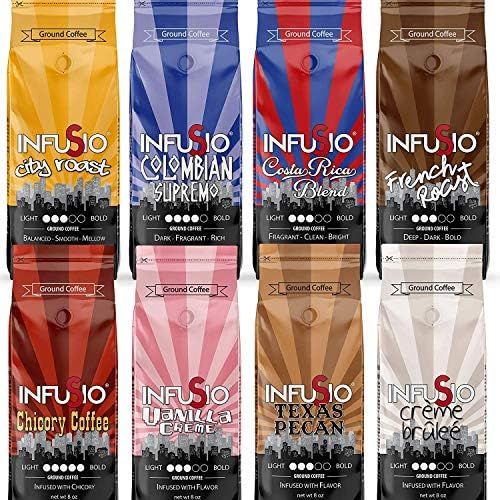 InfuSio Gourmet Ground Coffee, (64oz) Variety Pack, Eight 8oz Bags (Pack of 8) - 4lbs Total - (Frenc | Amazon (US)