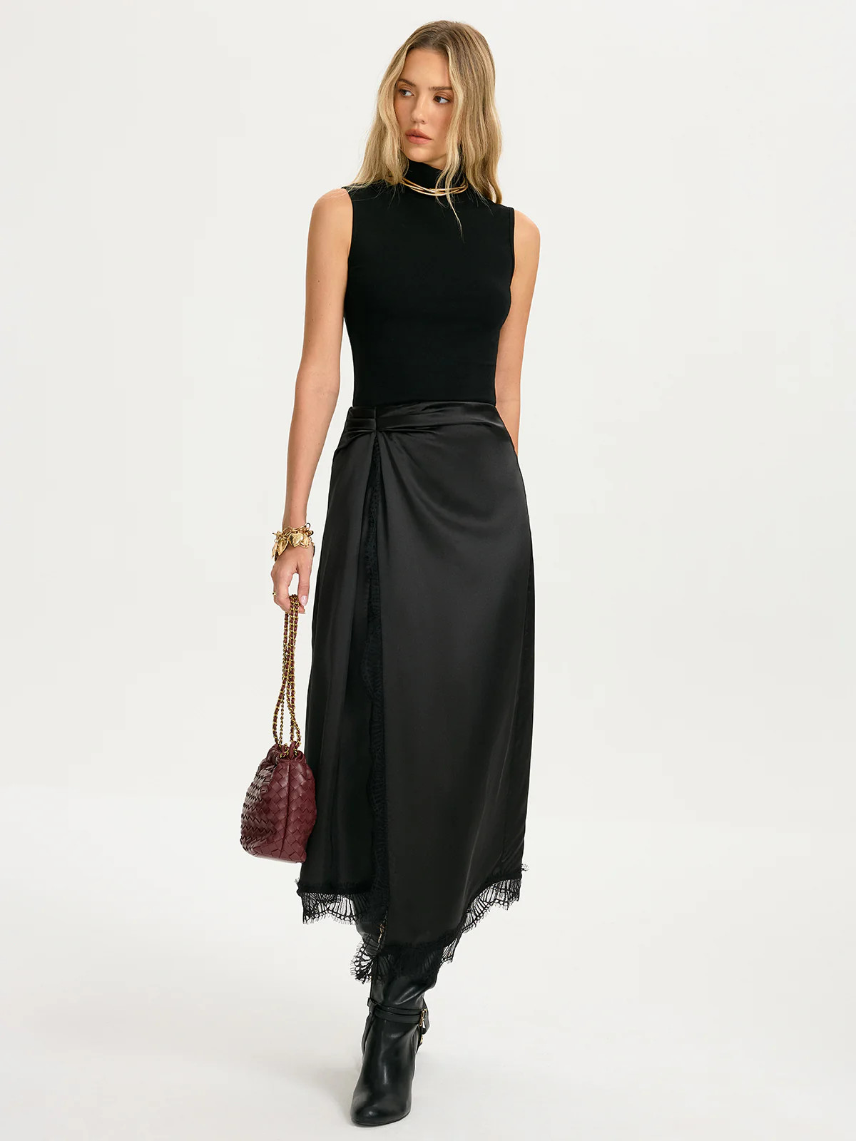 Sleeveless Top & Lace-Trim Satin Skirt Set | Commense