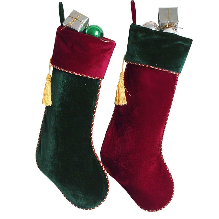 Gireshome Set of Two Burgundy & Green Velvet Vintage with Tassel Christmas Stocking, Xmas Tree De... | Amazon (CA)
