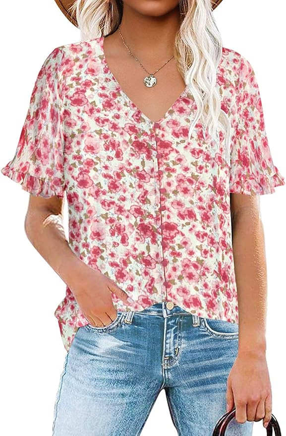 luvamia Women's Casual V Neck Tops Ruffle Short Sleeve Blouses Button Down Shirts | Amazon (US)