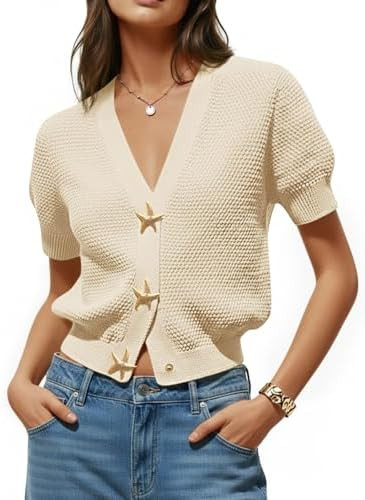 Saodimallsu Womens Puff Short Sleeve Cardigans V Neck Button Down Casual Summer Lightweight Knit ... | Amazon (US)