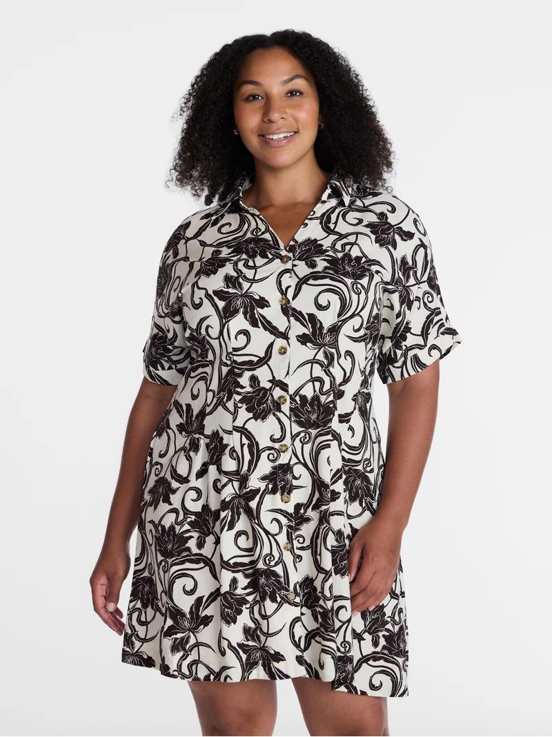 Time and Tru Women's Linen Pleated Waist Fit And Flare Mini Shirt Dress, Sizes XS-XXXL | Walmart (US)