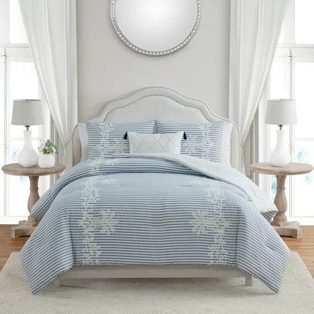 My Texas House Avery Cationic 4-Piece Blue Striped Comforter Set, Queen - Walmart.com | Walmart (US)