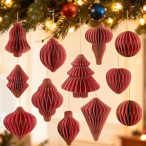 12Pcs Red Paper Christmas Party Decorations, 3D Honeycomb Paper Hanging Ornaments with Glitter, Finial Honeycomb Lantern Burgundy Ornaments for Christmas Trees Winter Wonderland Party | Amazon (US)