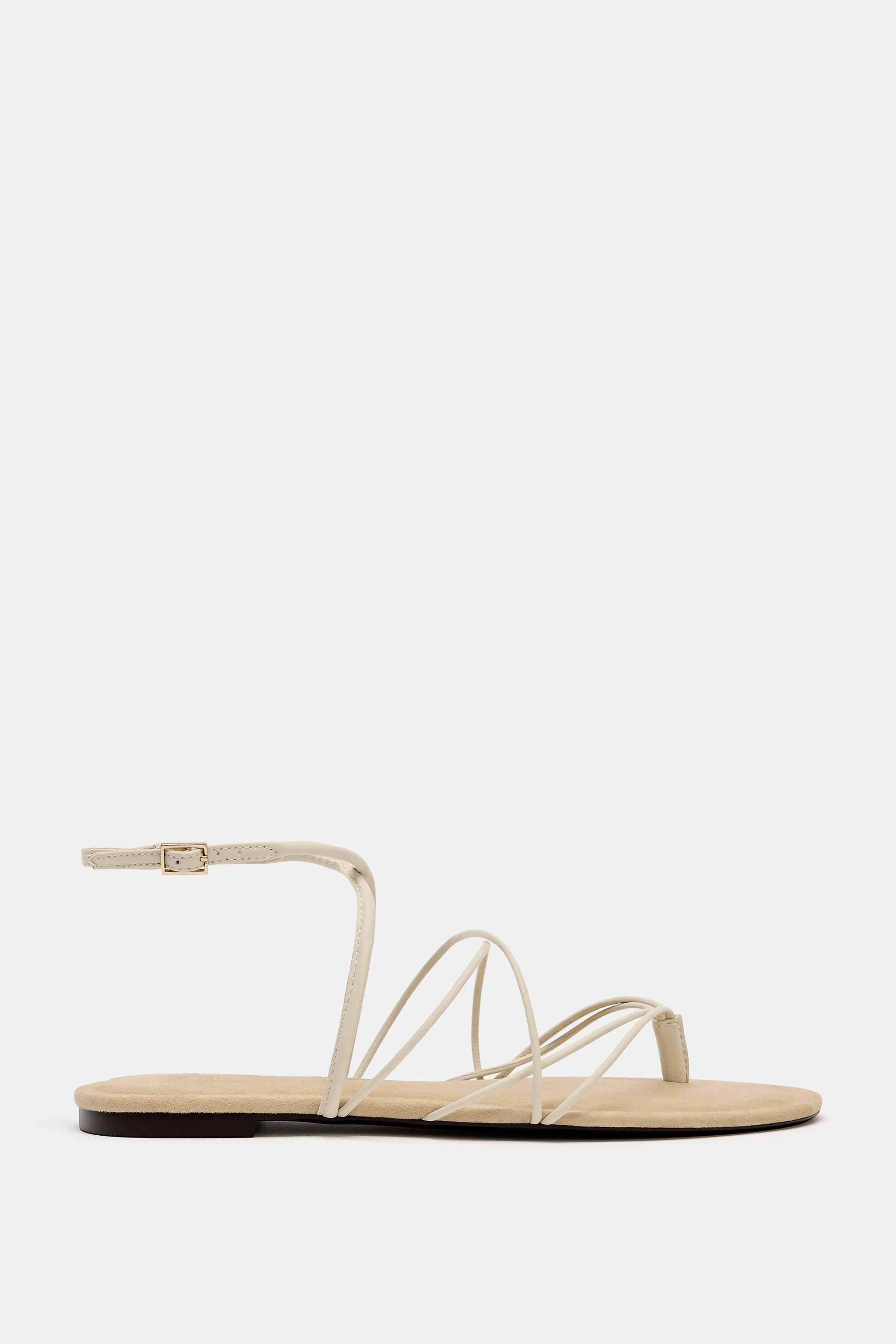 STRAPPY LEATHER FLAT SANDALS | Zara US