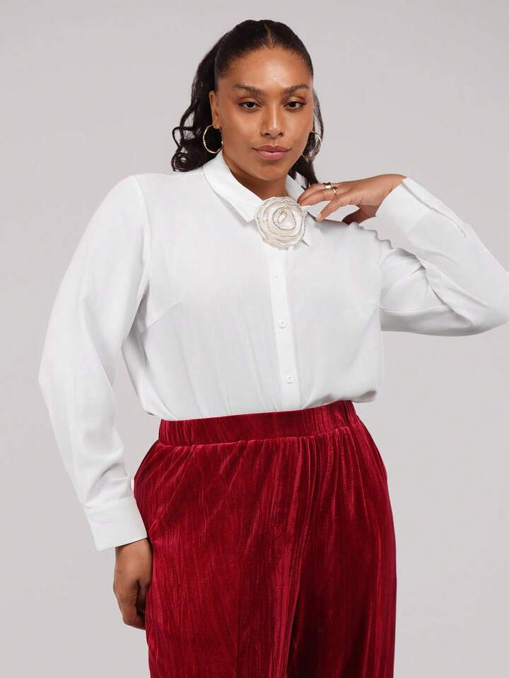 SHEIN Clasi Plus Size Women Solid Color 3D Floral Button Long Sleeve Shirt Blouse, Autumn | SHEIN