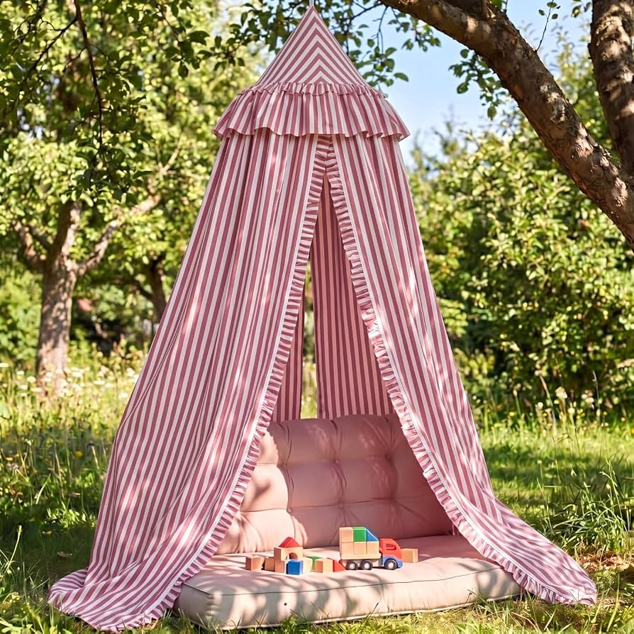 SmoothNovelty Red Striped Bed Canopy with Ruffles | Amazon (US)