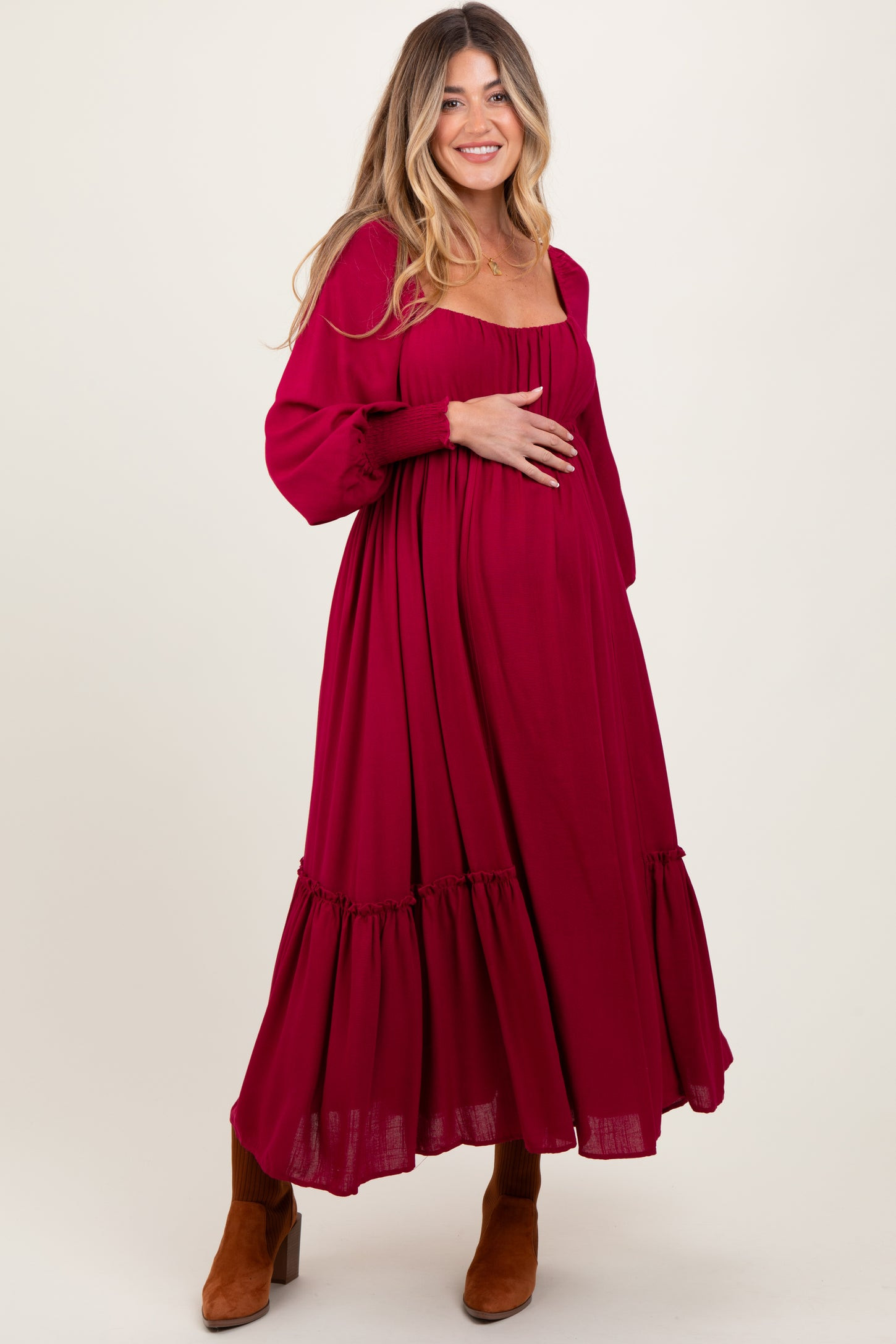 Burgundy Square Neckline Bubble Sleeve Maternity Maxi Dress | PinkBlush Maternity