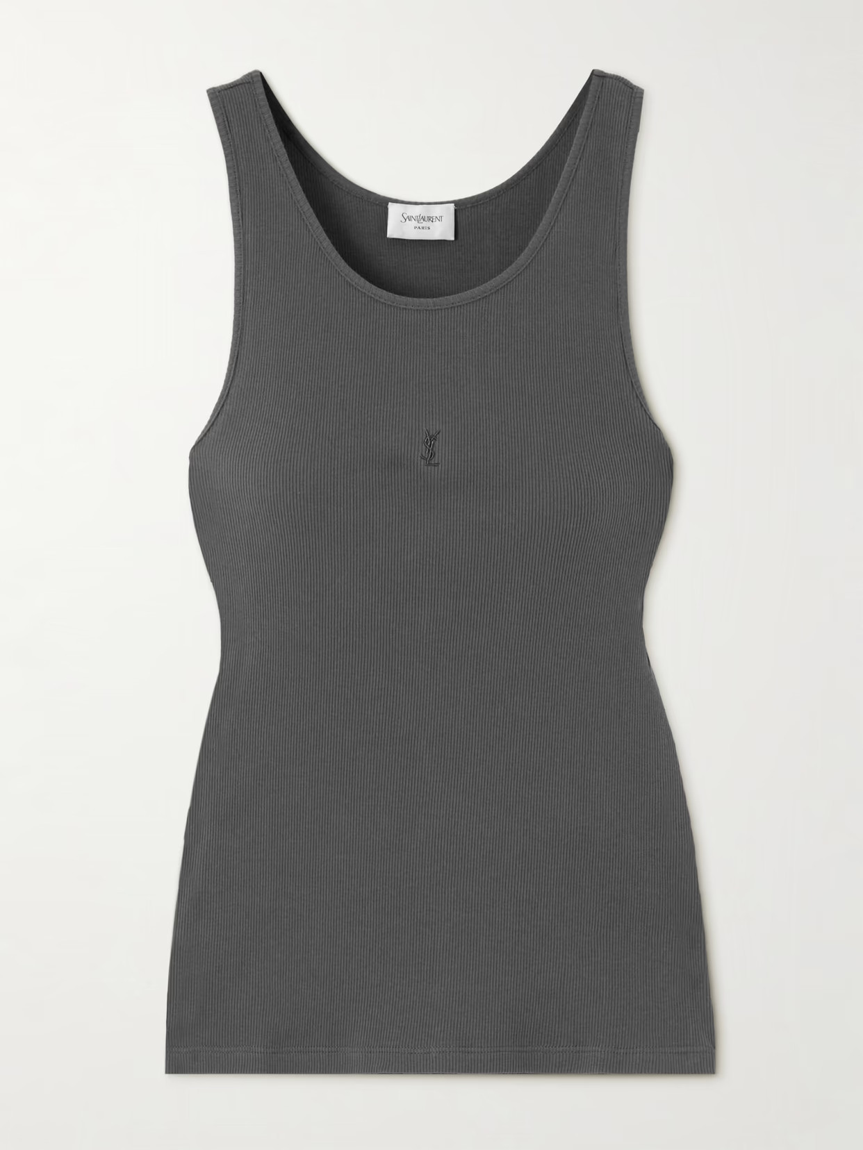 SAINT LAURENT - Cassandre Embroidered Ribbed Cotton-jersey Tank - Gray | NET-A-PORTER (US)