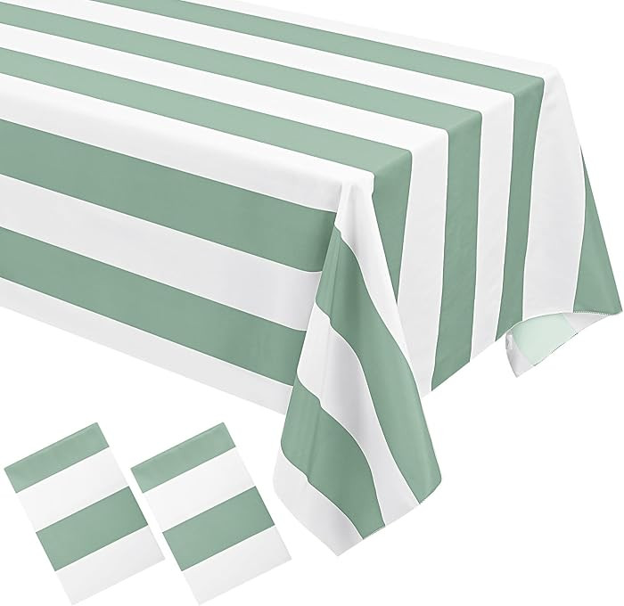 2 Pack Green and White Striped Rectangular Tablecloth, 54x108inch, Polyester Fabric, Washable, fo... | Amazon (US)