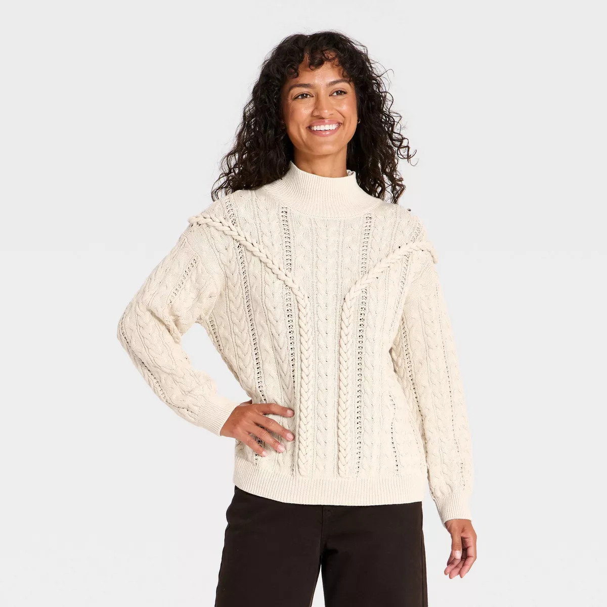 Women's Relaxed Cable Turtleneck Pullover Sweater - Universal Thread\u2122 Cream XS | Target