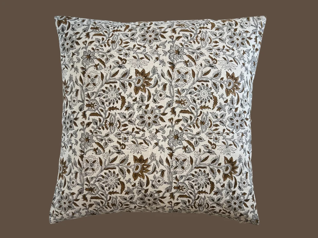 Cassana Gray Floral Pillow Gray Block Print Pillow Earthy - Etsy | Etsy (US)
