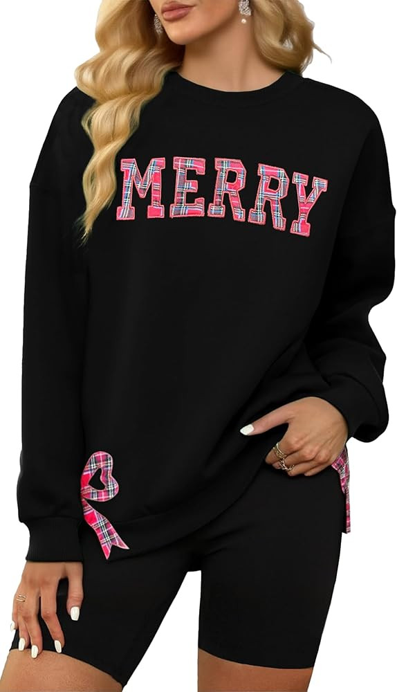 Christmas Sweatshirt Women Merry And Bright Shirts Embroidered Merry Christmas Long Sleeve Tops W... | Amazon (US)