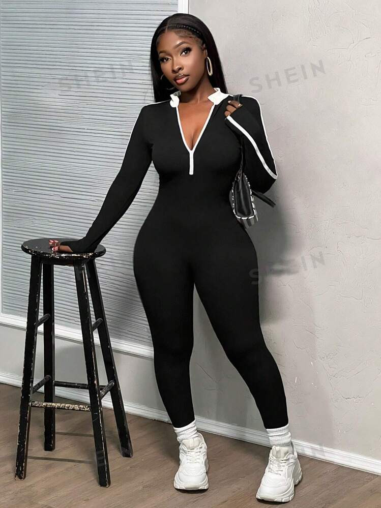 SHEIN Slayr Women's Autumn Color Block Zipper Half Placket Long Sleeve Casual Jumpsuit | SHEIN