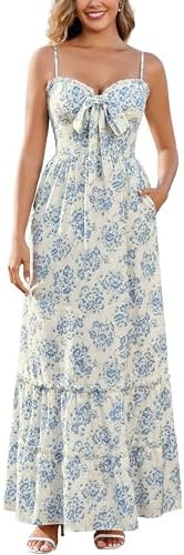 Womens Floral Front Tie Smocked Maxi Dress Spaghetti Strap Ruffled Tiered Summer Casual Boho Beac... | Amazon (US)